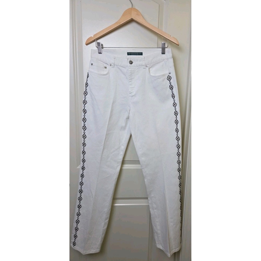 Vtg 90s Ralph Lauren Jeans Co Southwest Beaded Aztec‎ White Stretch Denim Size 6